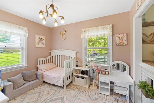 bedroom with a chandelier