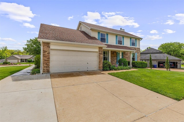 view of front of house with brick siding, an attached garage, a front yard, and concrete driveway
