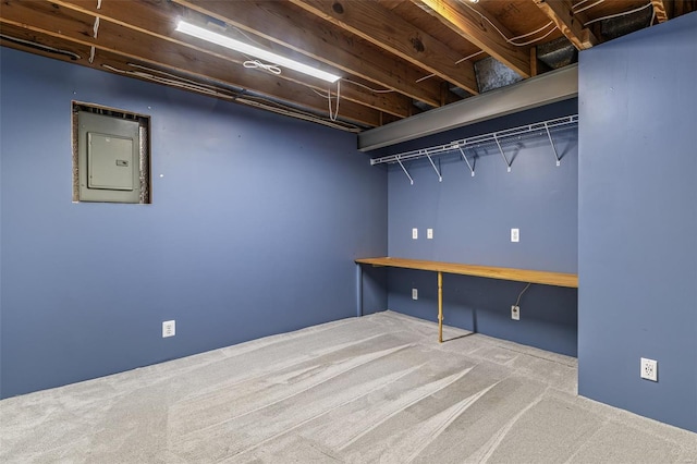 finished basement featuring carpet floors and electric panel