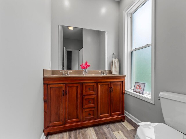 bathroom with double vanity, wood finished floors, toilet, baseboards, and a sink