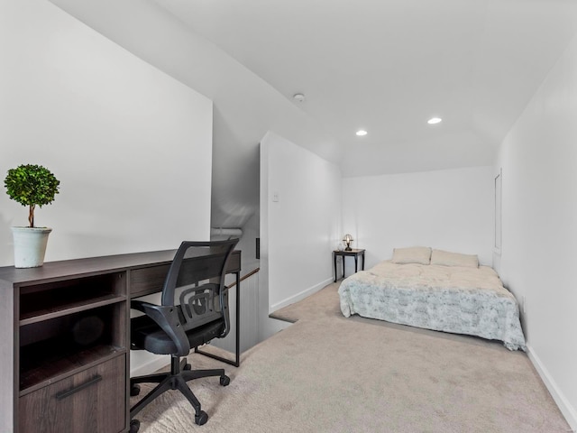 carpeted bedroom featuring recessed lighting and baseboards