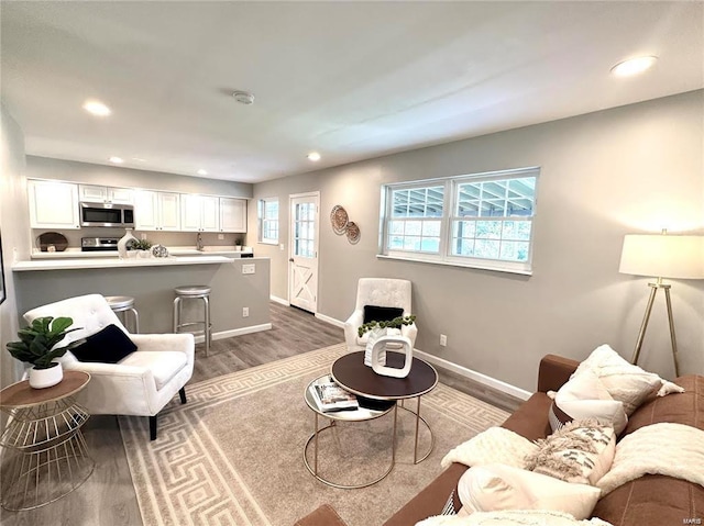 living area featuring recessed lighting, baseboards, and wood finished floors