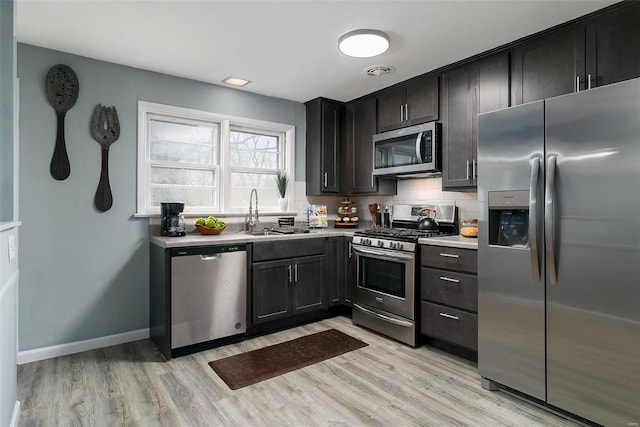 kitchen featuring appliances with stainless steel finishes, a sink, light countertops, light wood-style flooring, and tasteful backsplash