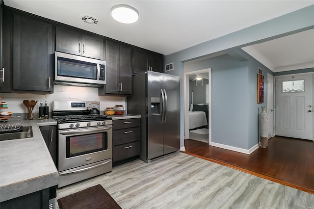 kitchen featuring backsplash, visible vents, light countertops, stainless steel appliances, and light wood-style flooring