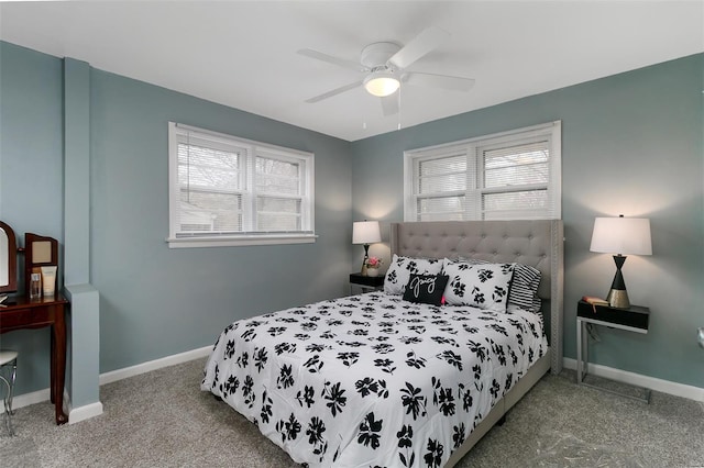 bedroom with baseboards, carpet flooring, and ceiling fan
