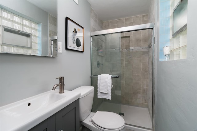 bathroom featuring vanity, a stall shower, and toilet