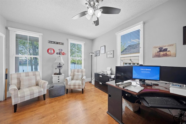 office area with plenty of natural light, a textured ceiling, ceiling fan, and light wood finished floors