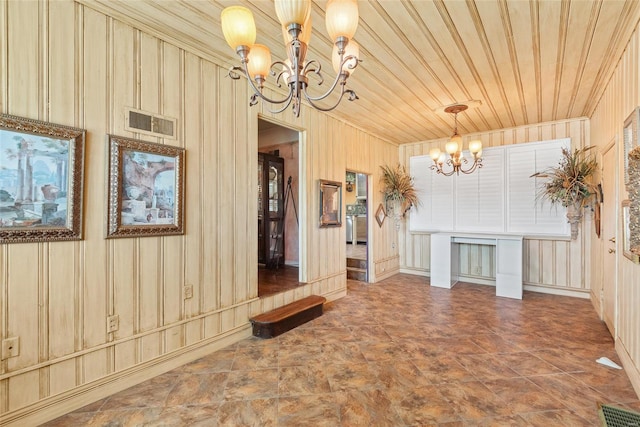 unfurnished dining area with wooden ceiling, a chandelier, visible vents, and wooden walls