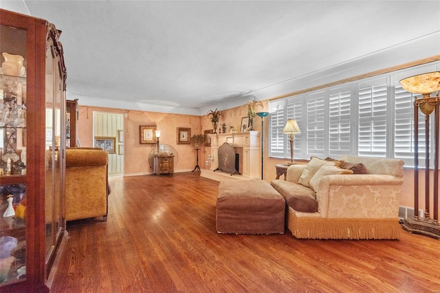 living room with a fireplace with raised hearth and wood finished floors