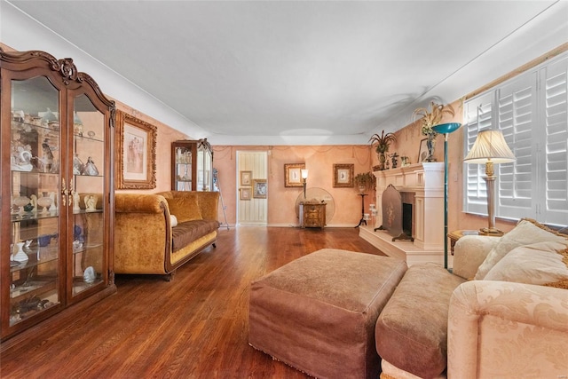 living area with wood finished floors and a fireplace with raised hearth