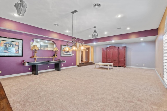 playroom with carpet flooring, baseboards, and recessed lighting