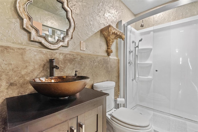 full bathroom featuring vanity, toilet, tile walls, and a stall shower