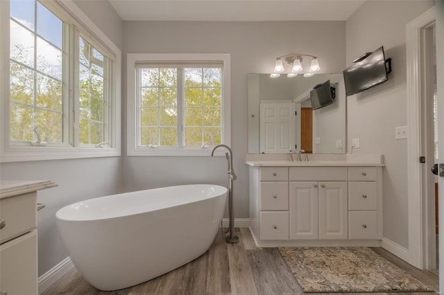full bathroom featuring wood finished floors, plenty of natural light, and baseboards