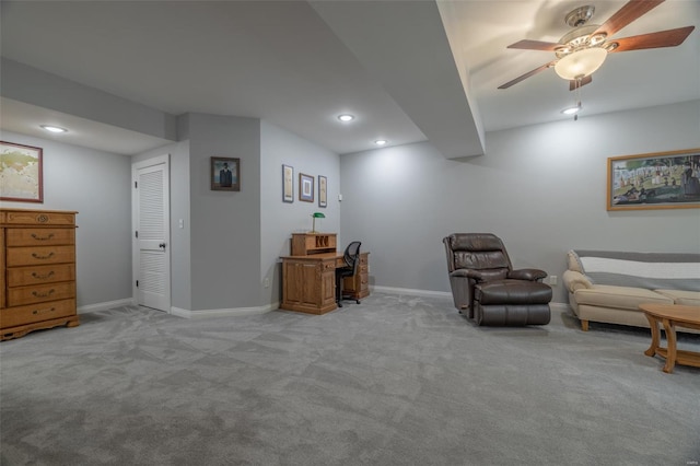 sitting room featuring recessed lighting, ceiling fan, carpet, and baseboards