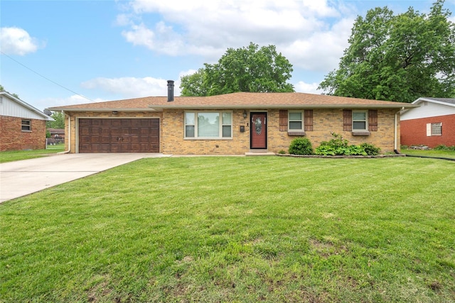single story home featuring a front yard, brick siding, driveway, and a garage