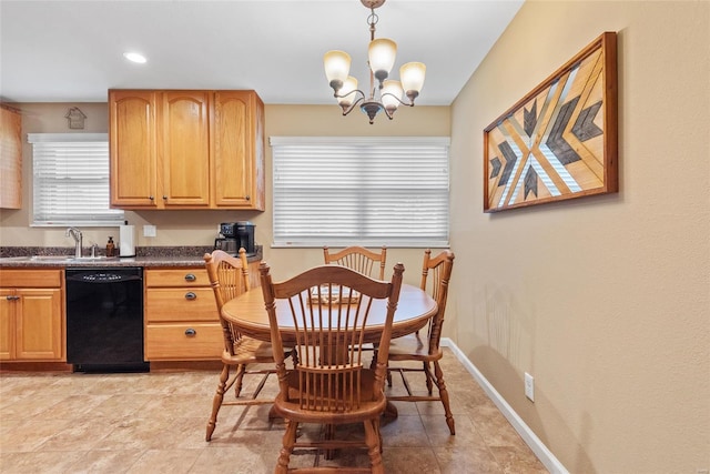 dining space with baseboards, an inviting chandelier, and recessed lighting