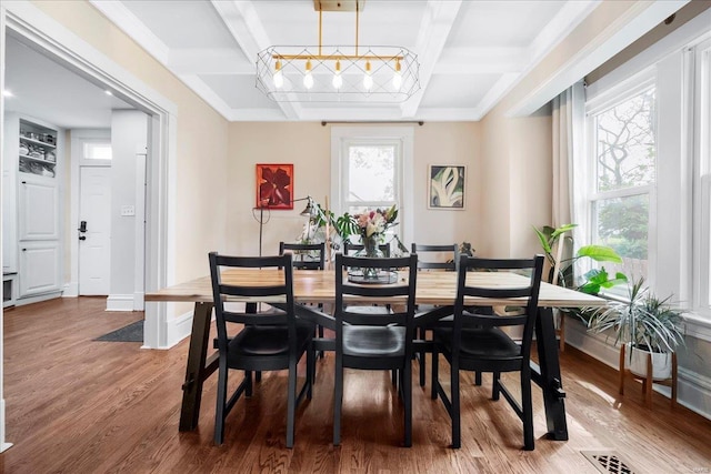 dining space with beam ceiling, wood finished floors, and coffered ceiling