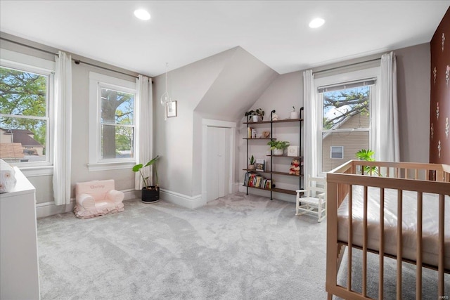 additional living space with carpet floors, recessed lighting, baseboards, and vaulted ceiling