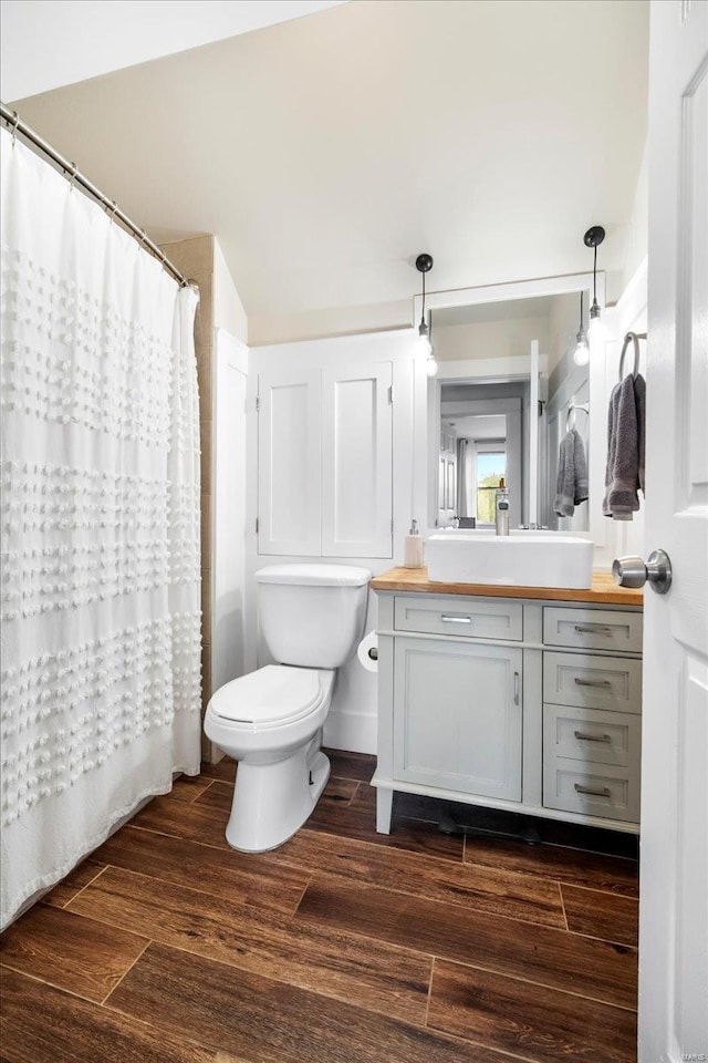 bathroom with vanity, wood finished floors, toilet, and curtained shower