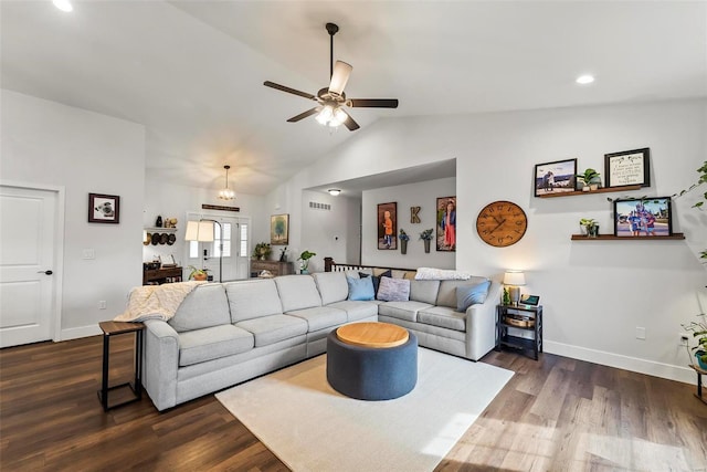 living room with ceiling fan, dark wood finished floors, baseboards, and lofted ceiling
