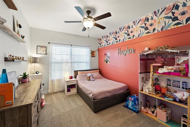 carpeted bedroom featuring ceiling fan