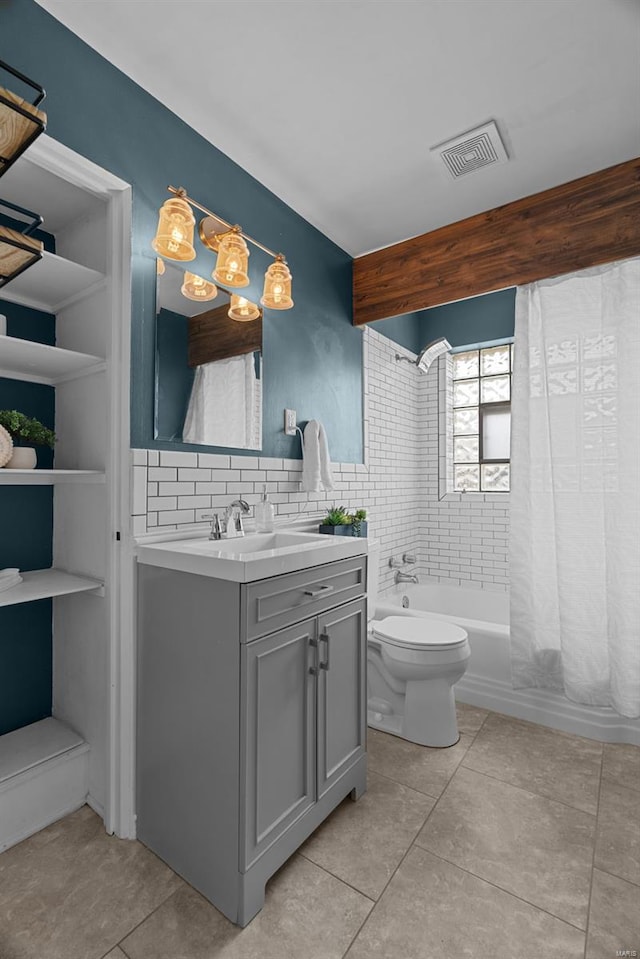 full bath with vanity, visible vents, shower / bath combination with curtain, toilet, and tile patterned floors