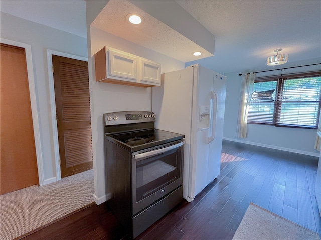 kitchen featuring white refrigerator with ice dispenser, dark wood finished floors, baseboards, stainless steel electric stove, and white cabinetry