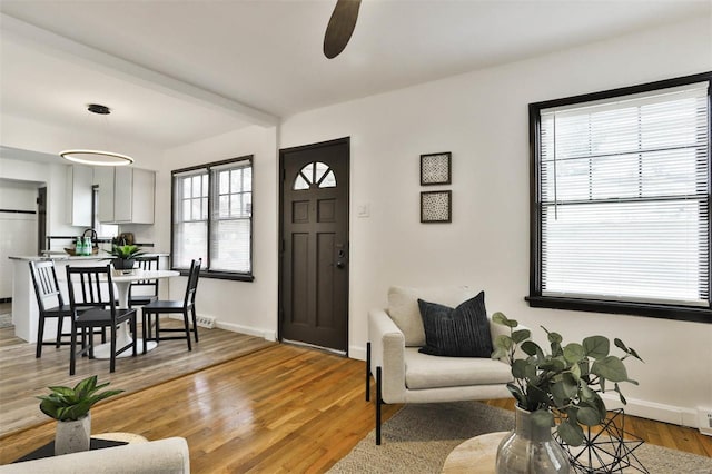 living area with baseboards, ceiling fan, and light wood-type flooring