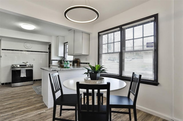 dining room with baseboards and wood finished floors