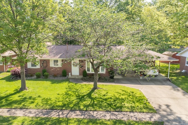 ranch-style home featuring a carport, concrete driveway, a front lawn, and brick siding
