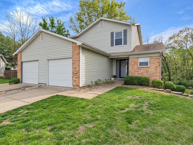 view of front of property featuring a garage, fence, a front yard, brick siding, and driveway