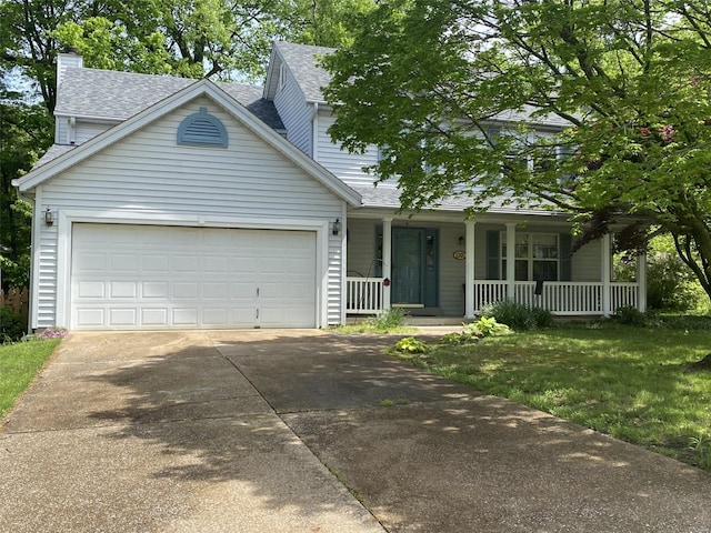 view of front facade featuring roof with shingles, a garage, a porch, a chimney, and driveway