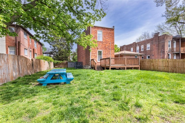 view of yard featuring a fenced backyard and a deck