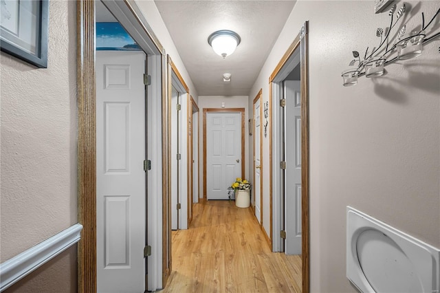 hallway with a textured wall and light wood-style floors