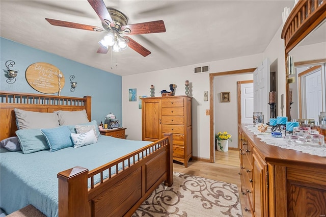 bedroom featuring ceiling fan, visible vents, and light wood-type flooring