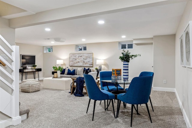 carpeted dining room featuring recessed lighting and baseboards