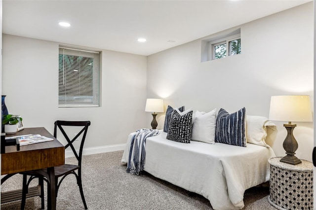 bedroom with recessed lighting, baseboards, and carpet