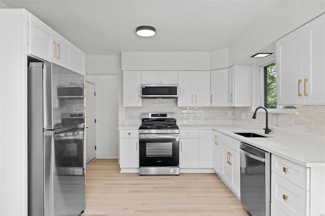 kitchen featuring a sink, decorative backsplash, appliances with stainless steel finishes, and white cabinetry