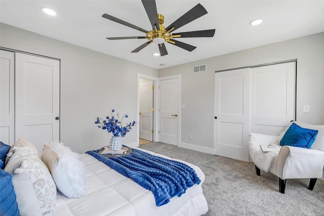 bedroom featuring carpet, recessed lighting, and visible vents
