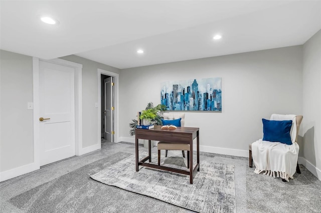 office with carpet floors, recessed lighting, and baseboards