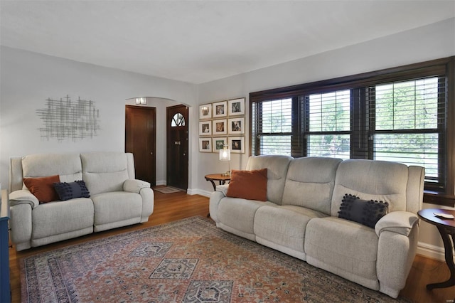 living room with baseboards, arched walkways, wood finished floors, and a wealth of natural light