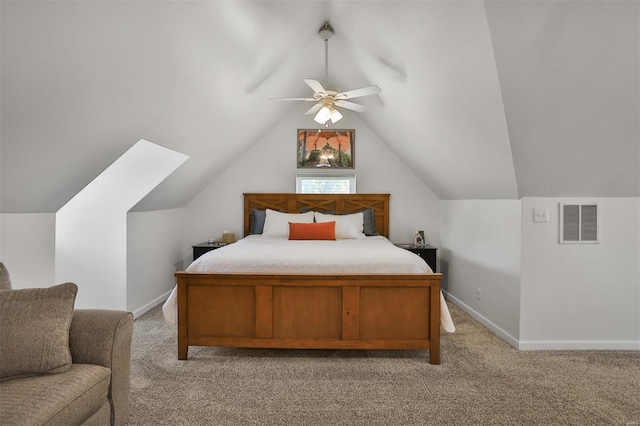bedroom with ceiling fan, light colored carpet, baseboards, vaulted ceiling, and visible vents