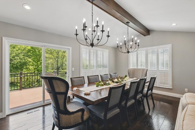 dining area featuring a chandelier, dark wood finished floors, baseboards, vaulted ceiling with beams, and visible vents