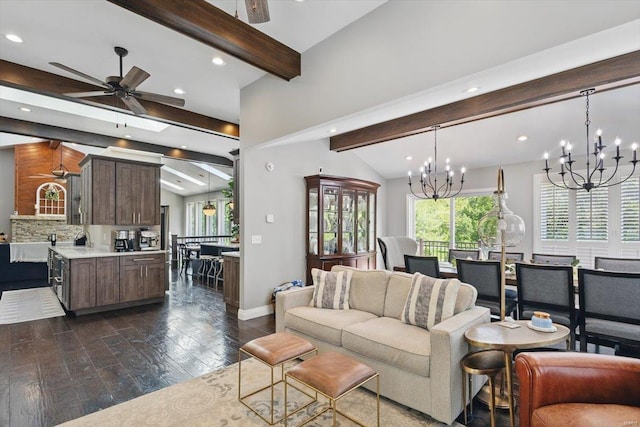 living room with lofted ceiling with beams, recessed lighting, and dark wood-type flooring