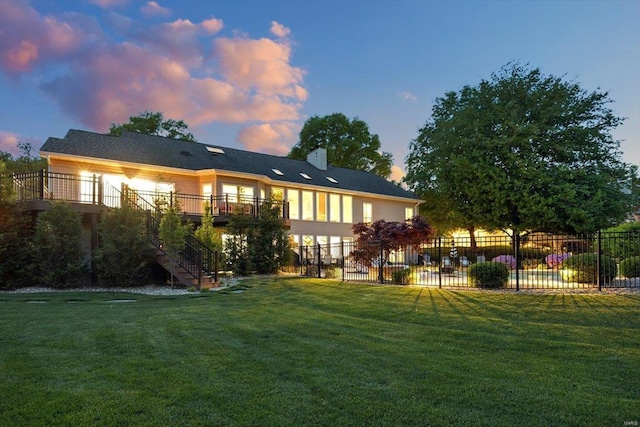 back of house at dusk with stairs, fence, a yard, and a chimney