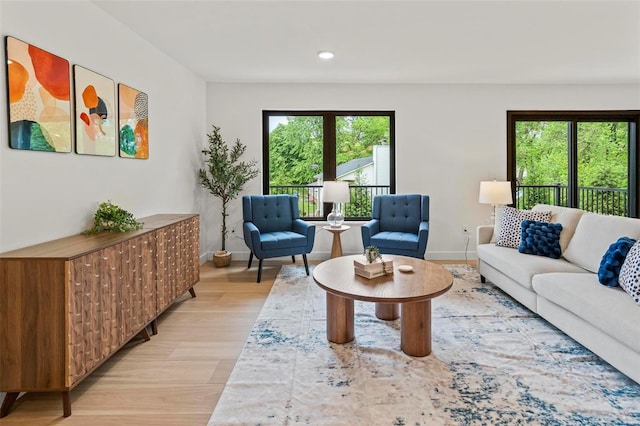 living room featuring baseboards, plenty of natural light, and light wood finished floors