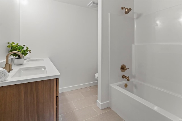 full bathroom with tile patterned flooring, visible vents, toilet, shower / bathing tub combination, and a sink