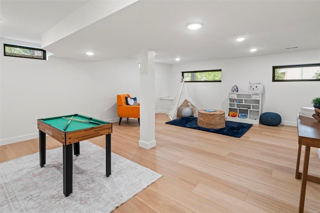 recreation room with light wood-style floors, baseboards, recessed lighting, and billiards