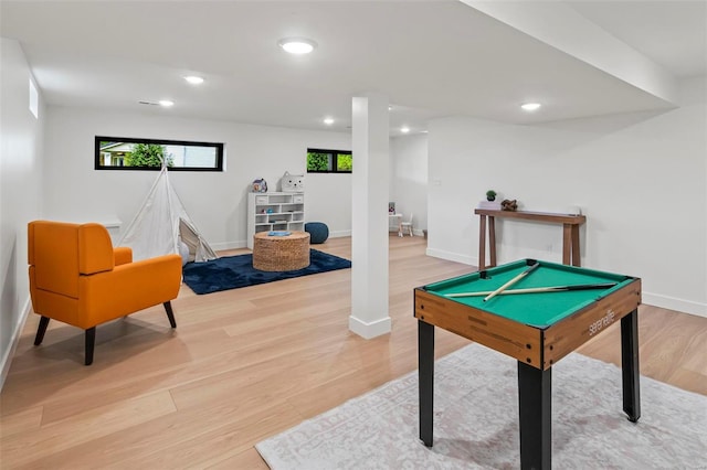 recreation room featuring recessed lighting, baseboards, billiards, and light wood-style flooring