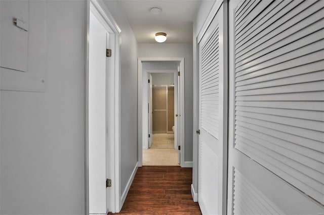 hall featuring baseboards and dark wood-style flooring
